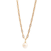 Gold chain necklace with a pearl pendant on a white background