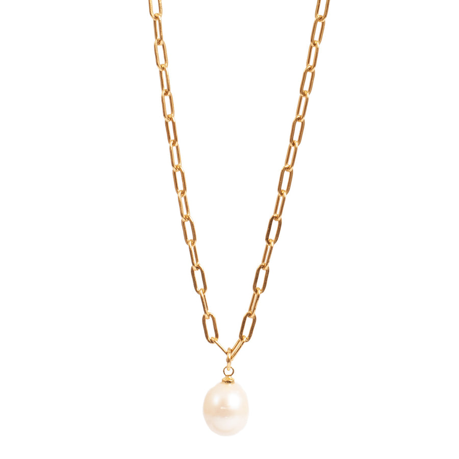 Gold chain necklace with a pearl pendant on a white background