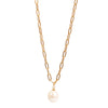 Gold chain necklace with a pearl pendant on a white background