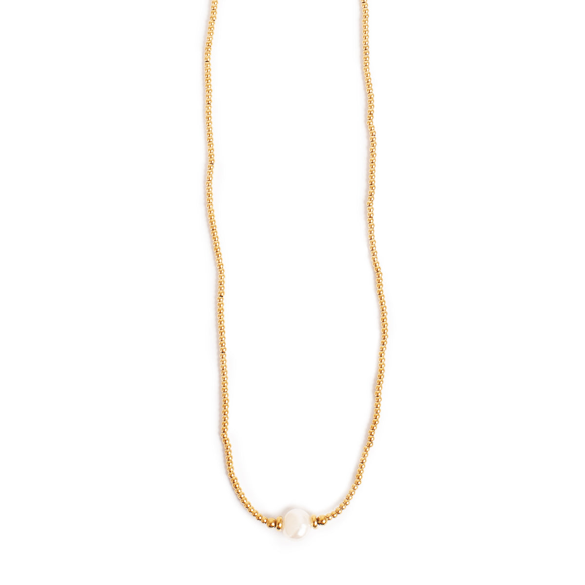 Gold necklace with a single pearl on a white background