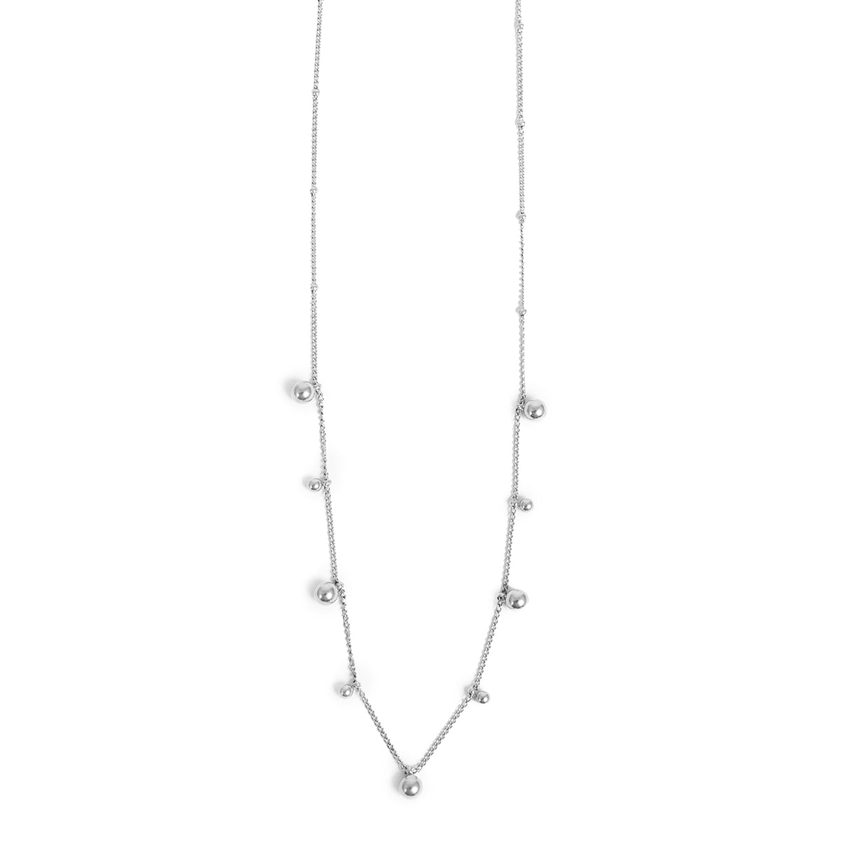 Silver necklace with small beads on a white background