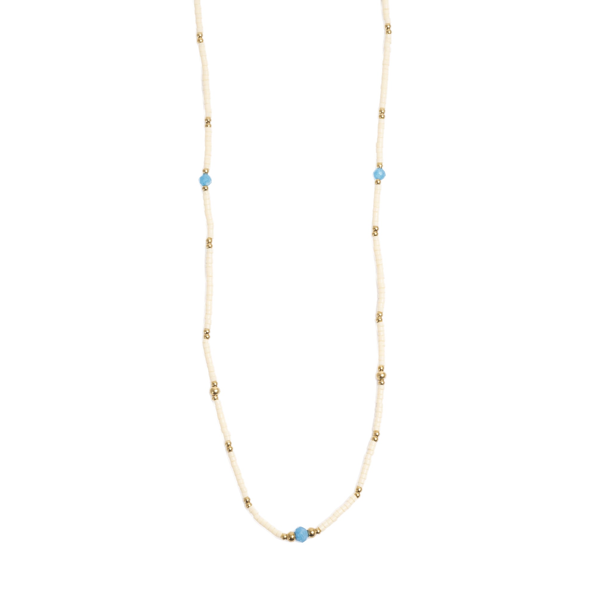 Necklace with small blue beads on a white background