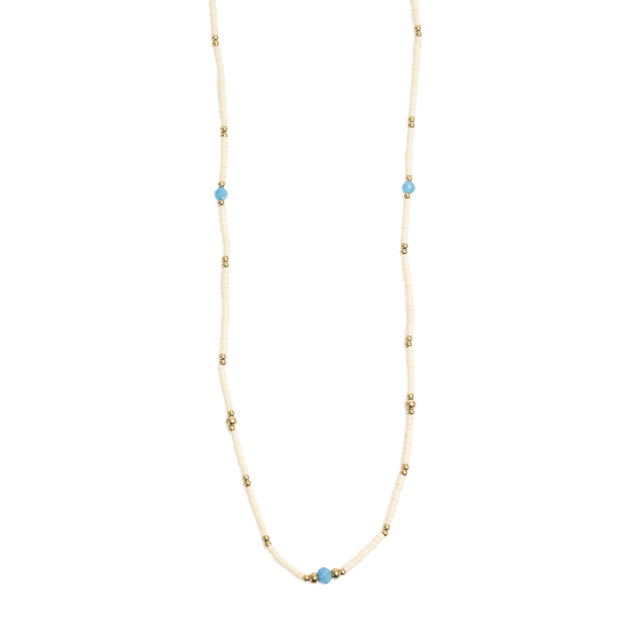 Necklace with small blue beads on a white background