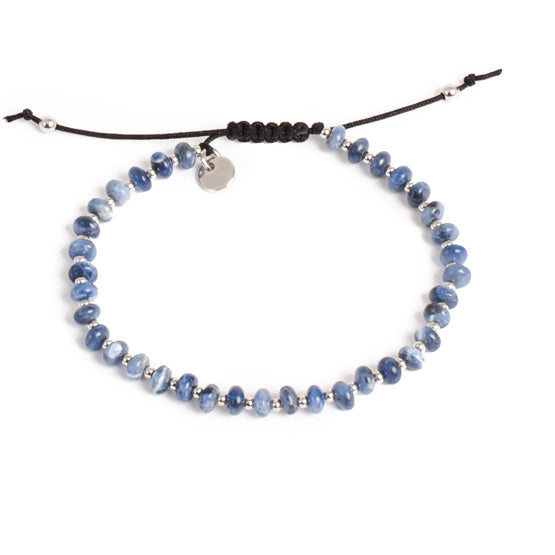 Blue stone and gold bead braceet with black cord macrame clasp