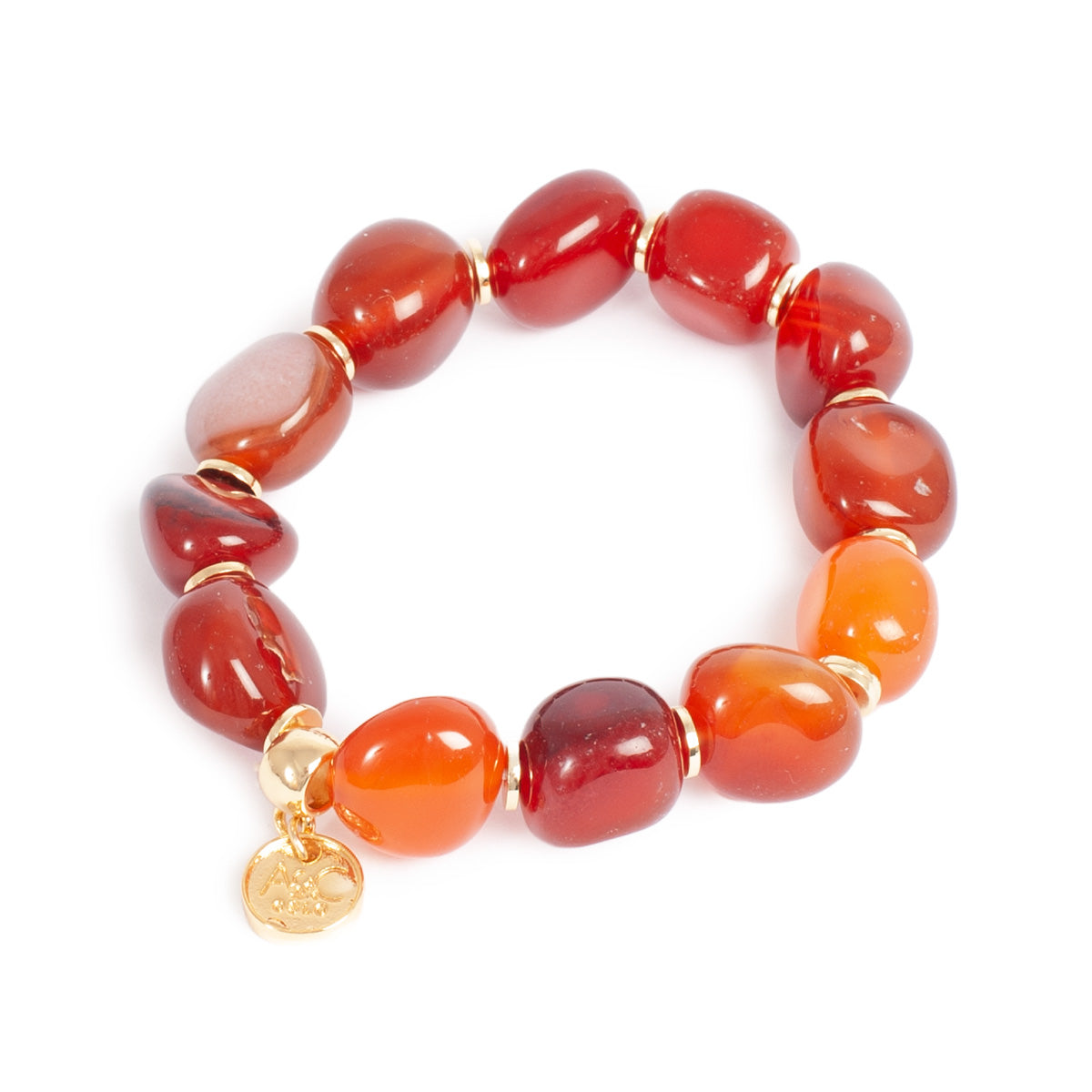 Bracelet with red and orange agate beads and a gold charm on a white background