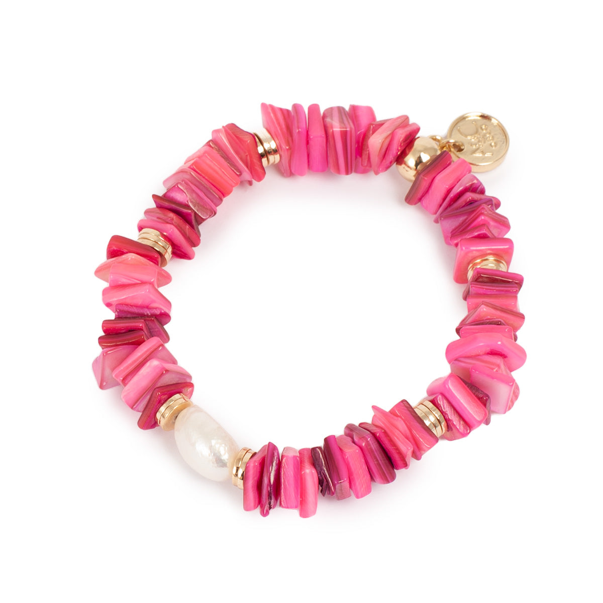 Pink shell and pearl bracelet with gold accents on a white background