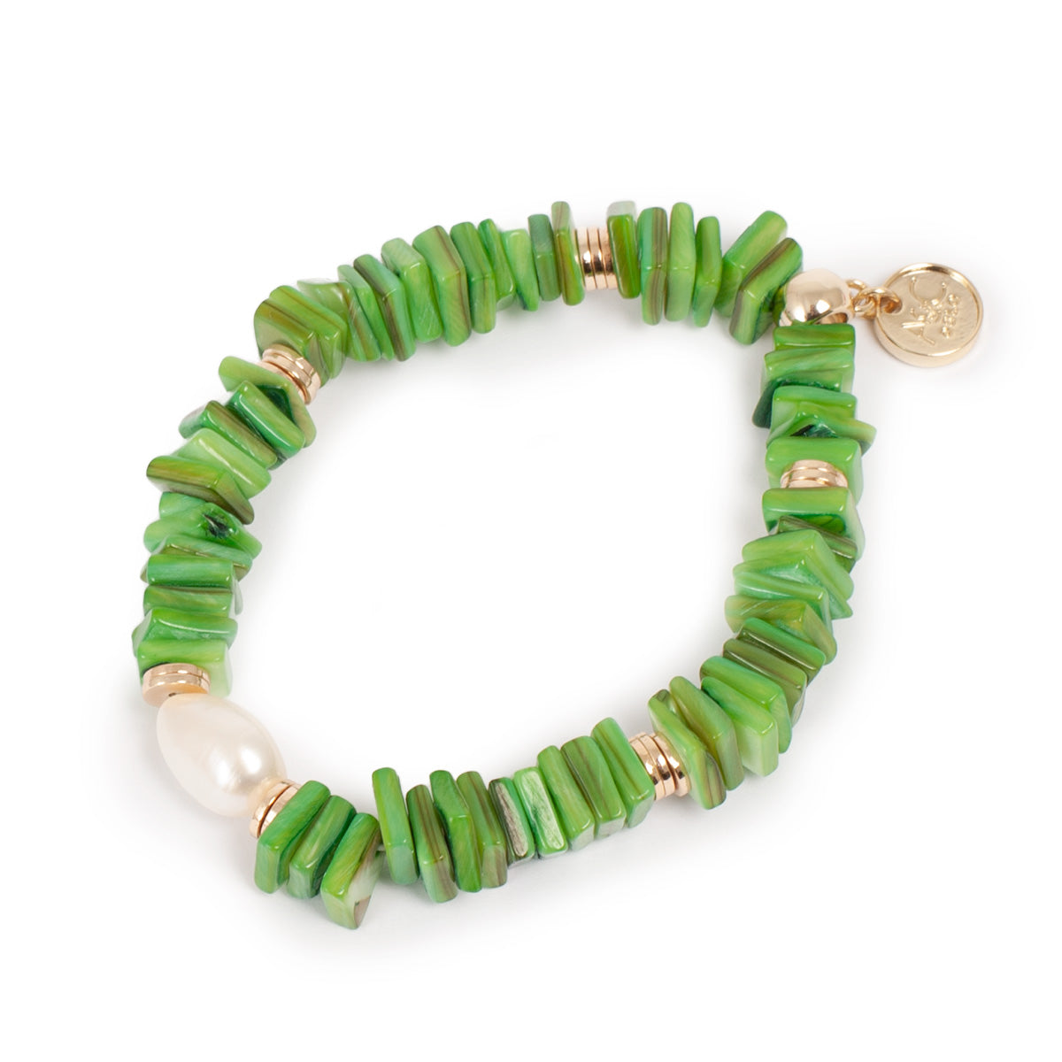 Green shell bracelet with gold accents on a white background