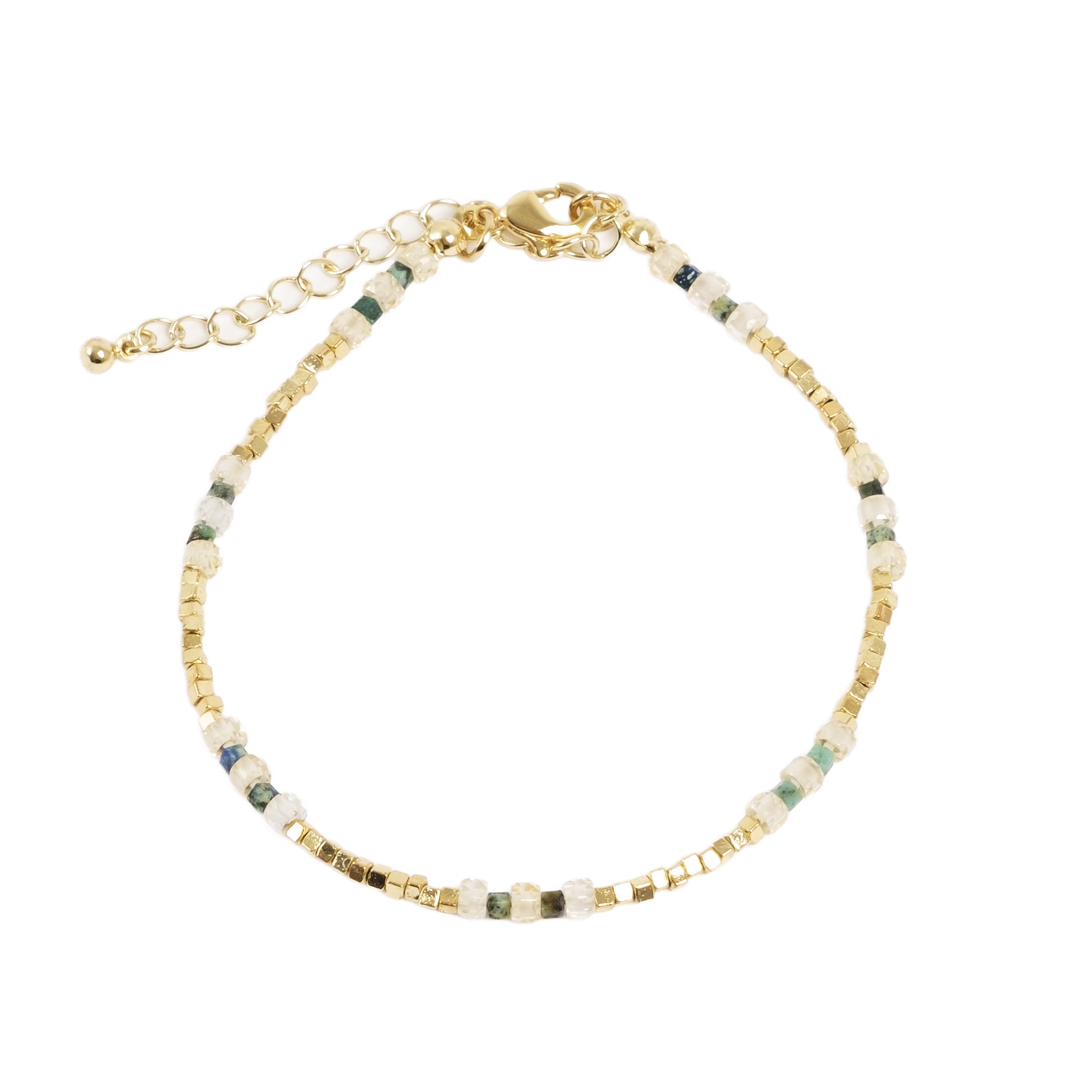 Bracelet with gold chain and multicolored beads on a white background