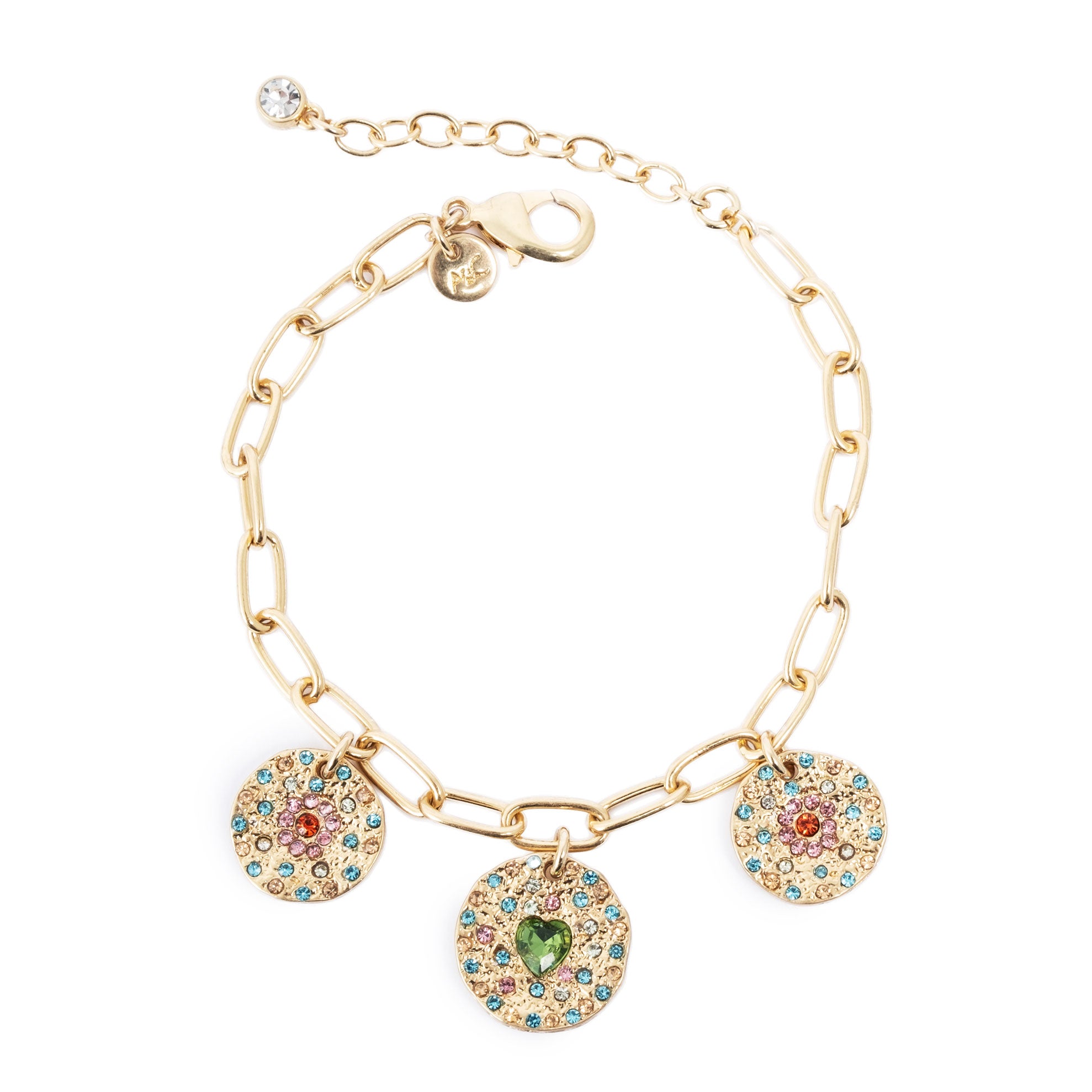 Gold bracelet with gold charms inlaid with colourful stones
