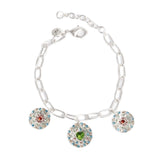 Silver link hain bracelet with silver round disk charms with colourful glass stones