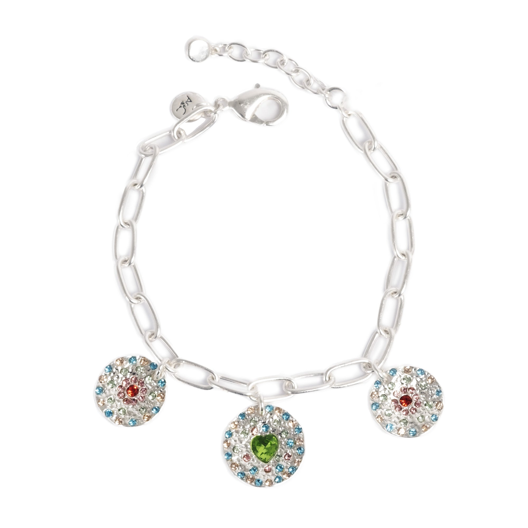 Silver link hain bracelet with silver round disk charms with colourful glass stones