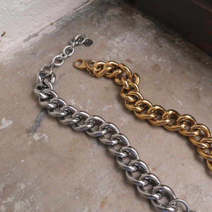 Chunky silver steel bracelet and chunky gold plated steel bracelet