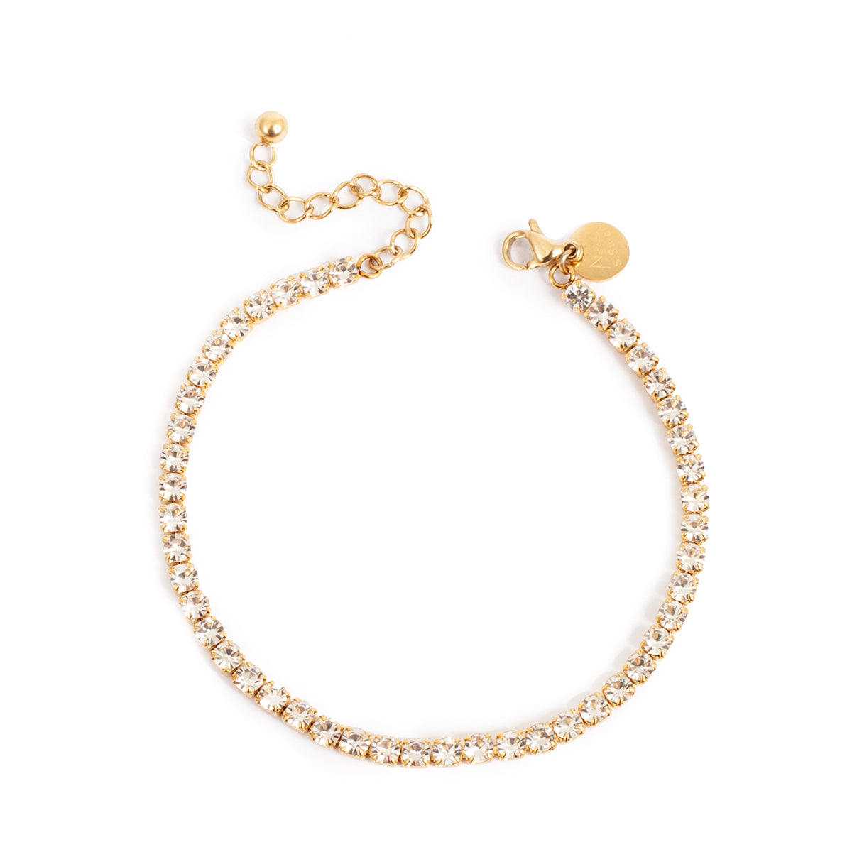 Gold braceet with small clear crystals adnd A & C branding.