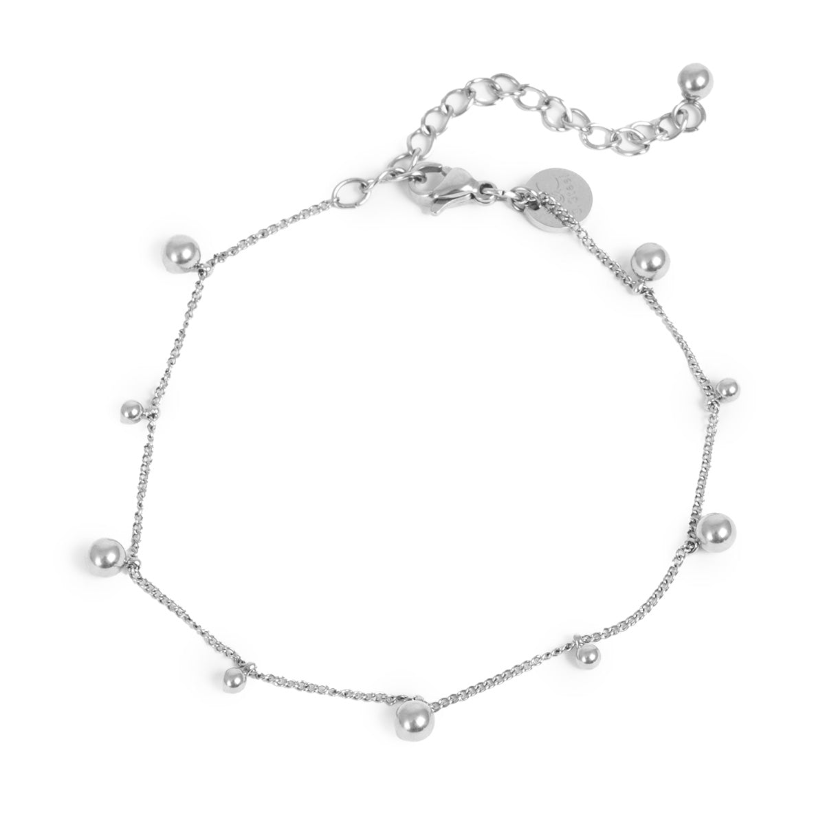 Silver bracelet with small beads on a white background