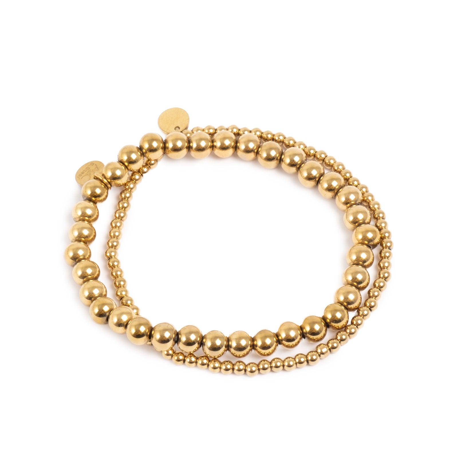 Gold beaded double layer bracelet on a white background