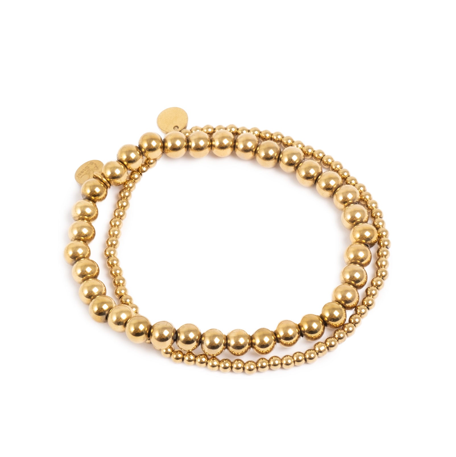 Gold beaded double layer bracelet on a white background