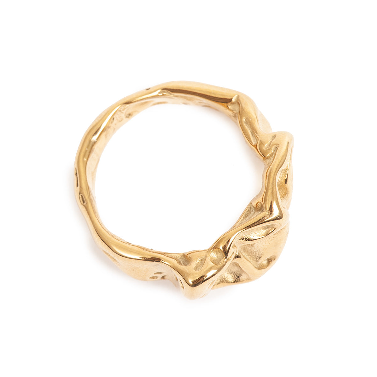 Gold ring with a unique design on a white background