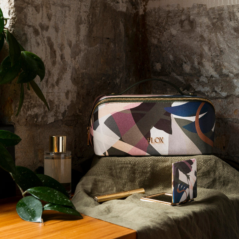 Flox designed AHI rain case in structured vegan leather in flox design with mustard satin interior