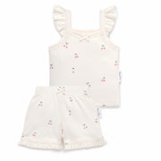Shorts and top set for kids in white cotton with cherry print. Top has frill flutter sleeves