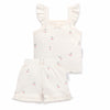 Shorts and top set for kids in white cotton with cherry print. Top has frill flutter sleeves