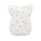 White knot baby romper with cherry print and flutter sleeves