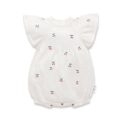 White knot baby romper with cherry print and flutter sleeves
