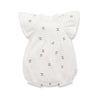 White knot baby romper with cherry print and flutter sleeves