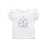 White kids tee with courosel print on the front and flutter sleeves.