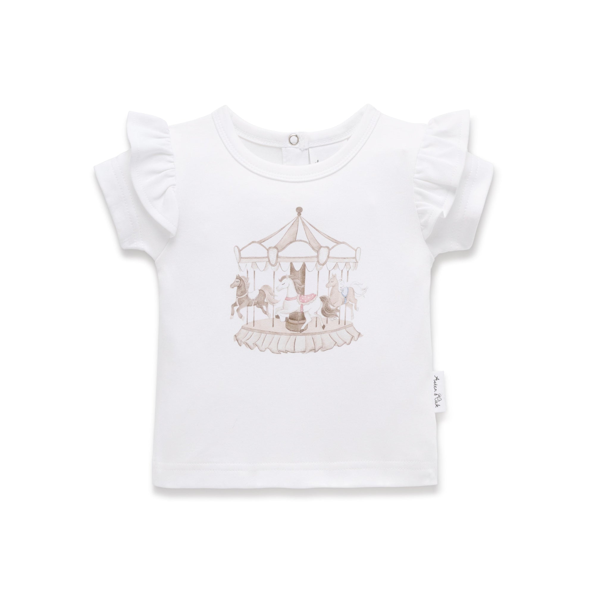 White kids tee with courosel print on the front and flutter sleeves.