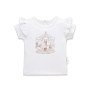 White kids tee with courosel print on the front and flutter sleeves.