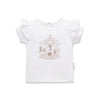 White kids tee with courosel print on the front and flutter sleeves.