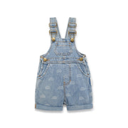 Light Denim coloured child overalls with rainbow print all over detail