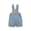 Light Denim coloured child overalls with rainbow print all over detail