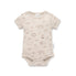 Beige baby bodysuit with animal prints on a white background
