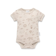 Beige baby bodysuit with animal prints on a white background