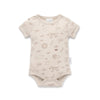 Beige baby bodysuit with animal prints on a white background