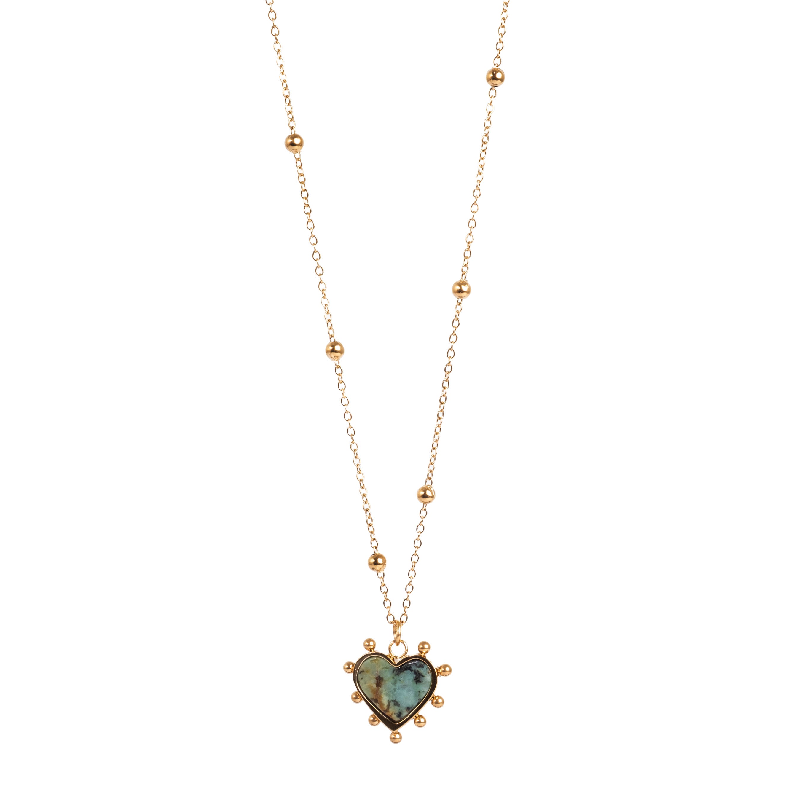 A&C Oslo Jewellery heart shaped pendant necklace with gold feature beads on the chain.  The heart is made from African Turquoise and the steel chain plated in 14K gold at Cerise NZ.