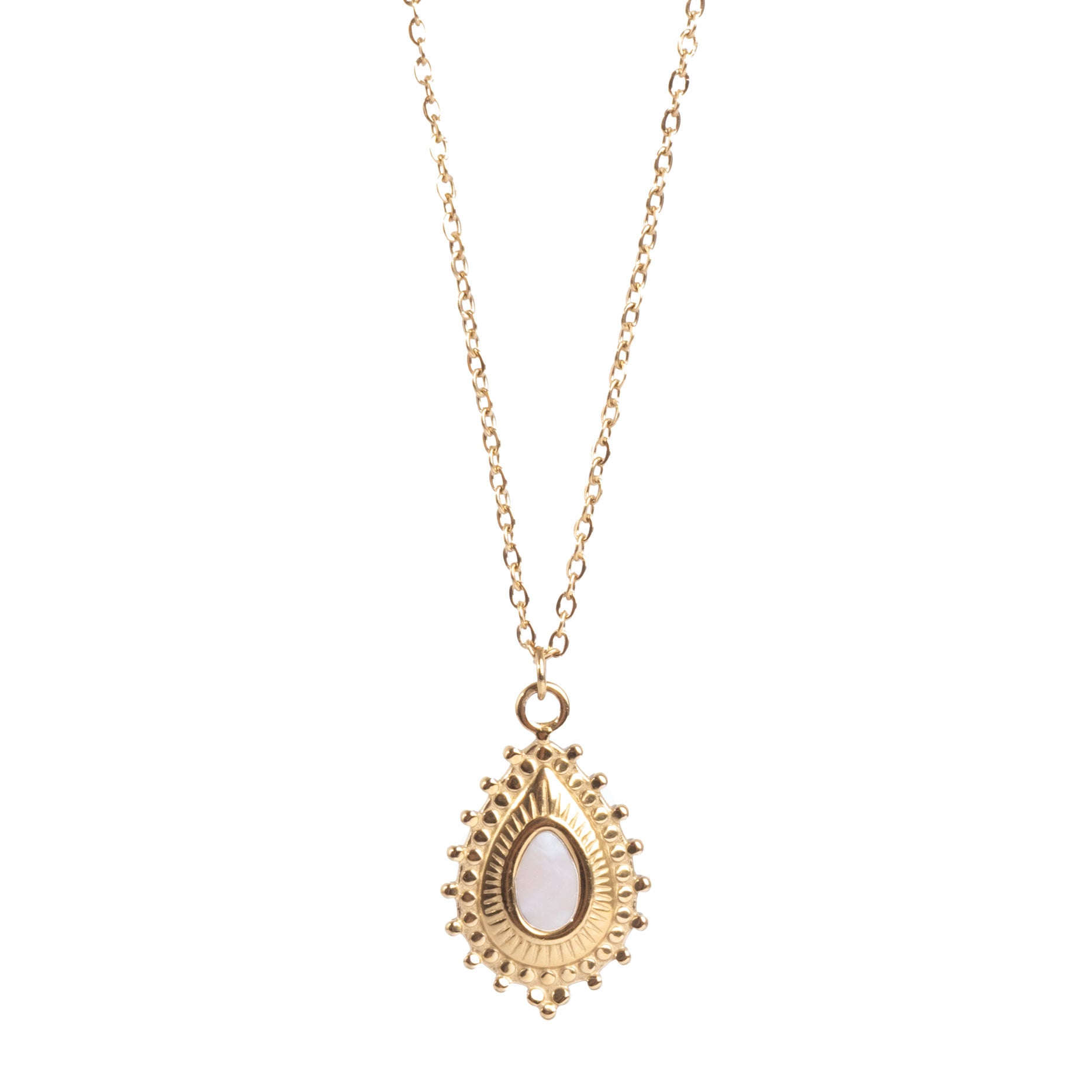 A&C Oslo Ethnic Necklace with 14k gold plating and Mother of Pearl detail in the centre. The pendant hangs from a 45cm chain with a 5cm extension at Cerise NZ