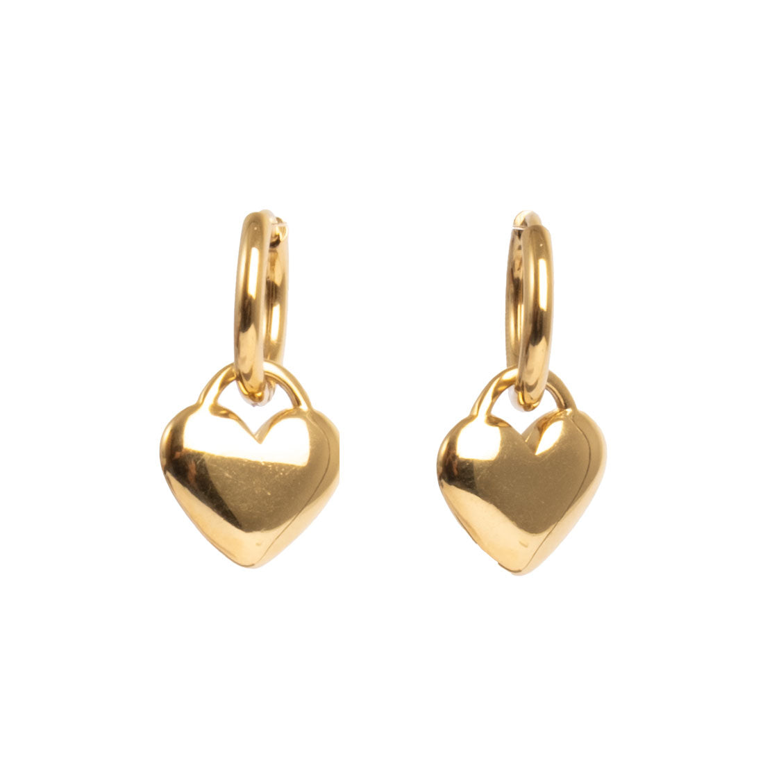 A&C Oslo earrings in 14K gold plate over steel.  They feature beautiful little hearts falling delicately from 14mm hoops at Cerise NZ