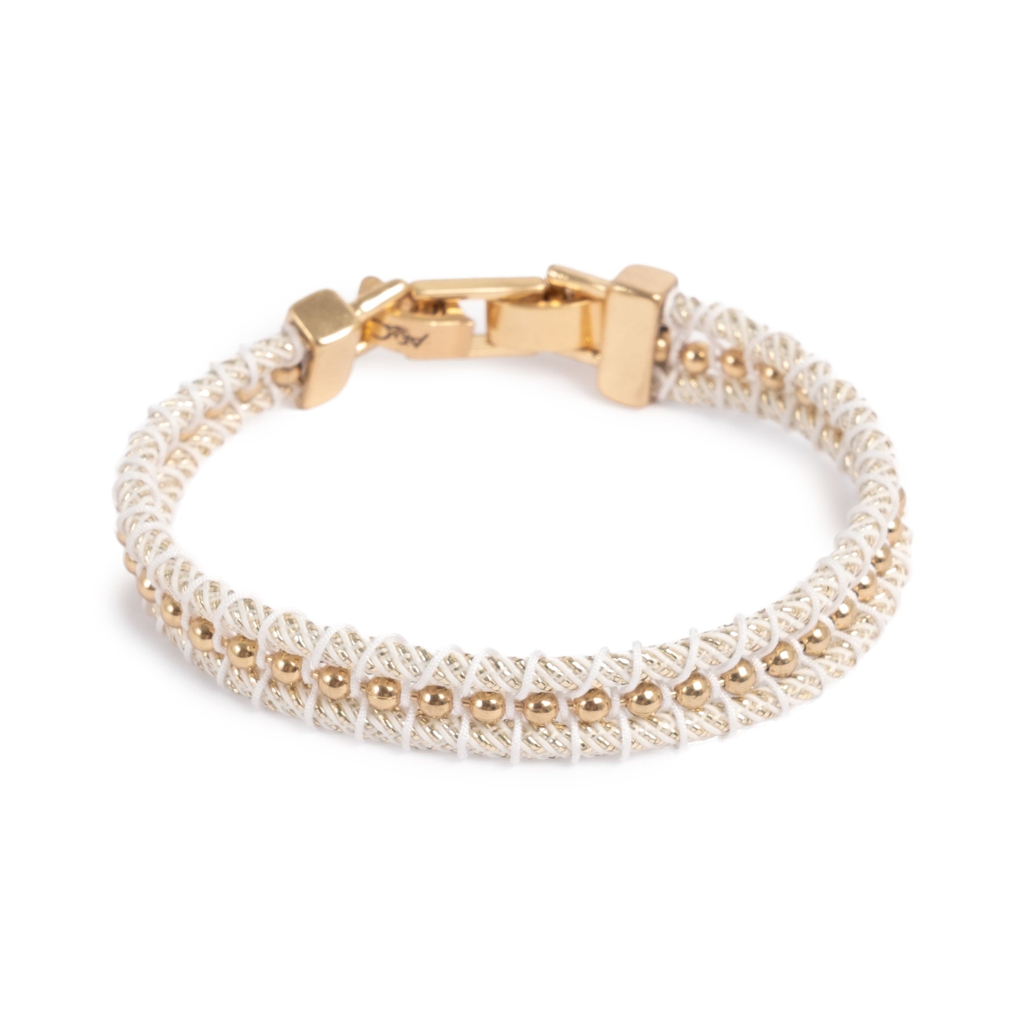 A&C Oslo Friendship Bracelet from the new for 2026 Sandy Beach Collection at Cerise.  This White and Gold bracelet features delicate 14K gold plated beads carefully braided with white cord to form a stunningly simple bt beautiful bracelet.  Features a 14k gold plate clasp and measures 17cm plus a 3cm extension.