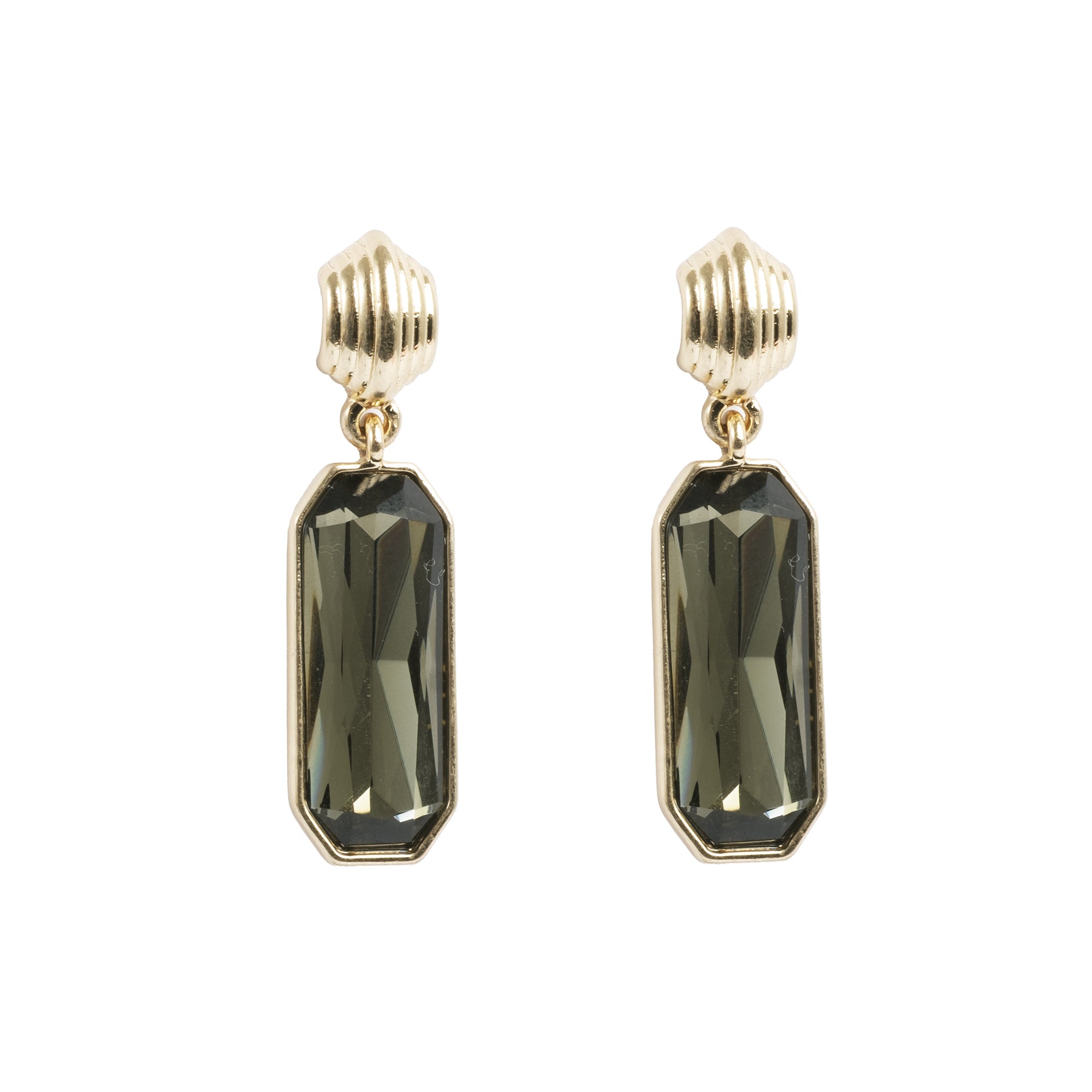 A&C Oslo Grace Collection Earrings with olive green coloured cut glass drops and 14Kgold plating.  These statement earrings are stunning at Cerise NZ