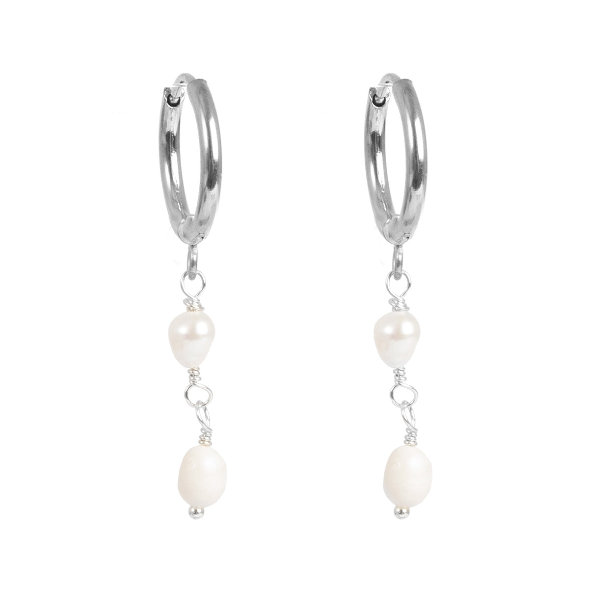 A&C Oslo Pure Steel Huggy earrings with a double cultured freshwater pearl drop at Cerise NZ