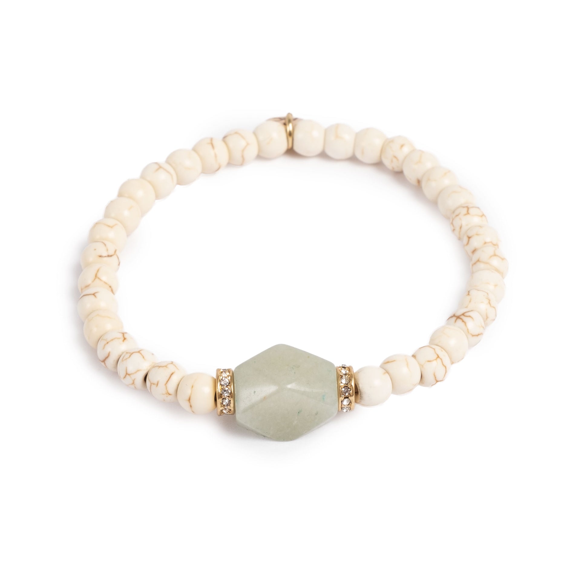 New to Cerise for 2026 from the A&C Oslo Serenity Collection this White Howlite stone bracelet has an elasticated band, crystals and 14K gold plating.  The bracelet measures 19cm.