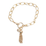 New at Cerise this season  the A&C Oslo Shimmer Collection features this gorgeous Gold Bracelet with tassels gently falling from a medium link chain. 
The Shimmer Collection is finished in 14K gold plate for stunning shine and durability.
Measures 20cm.