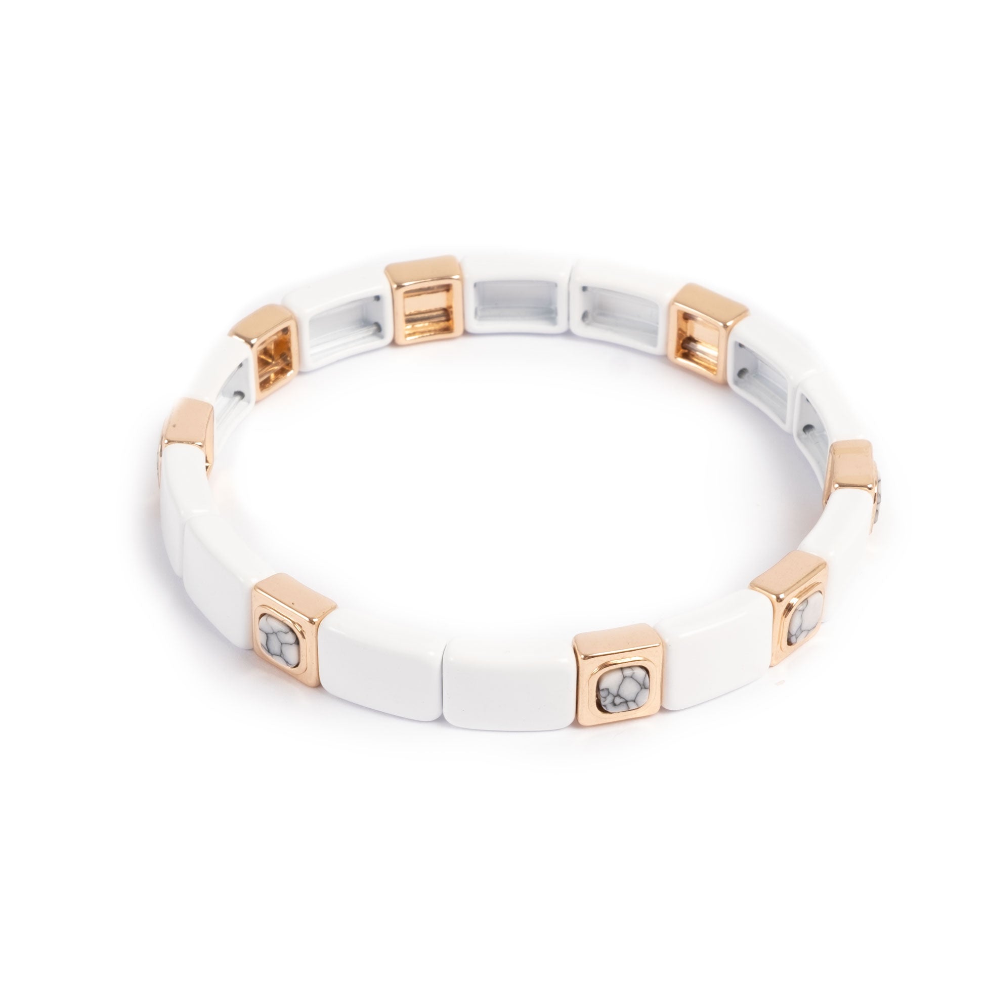 A&C Oslo Enamel Bracelet in White enamel with gold beads and white stones.  Stones have black veins running through them.  Measures 20cm at Cerise