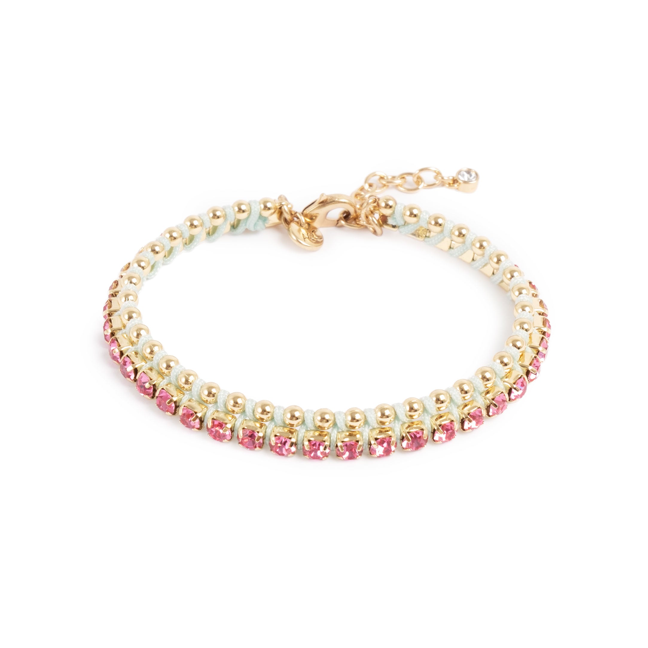 A&C Oslo Friendship bacelet from the Sweet Droplets collection, featuring beautiful pink crystals and 14K gold plate beads bound with a soft green cord.  Measures 17cm and has a 3cm extension chain at Cerise NZ.