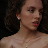 Beautiful new season earrings from A&C Oslo worn by a model. Our beautiful, sparkling Sweet Droplets collection features a drop of crystal stones and 14K Gold Plate bead droplets hanging in delicate harmony from a stud base.  Teams beautiful with Gold and crystal necklaces at Cerise NZ.