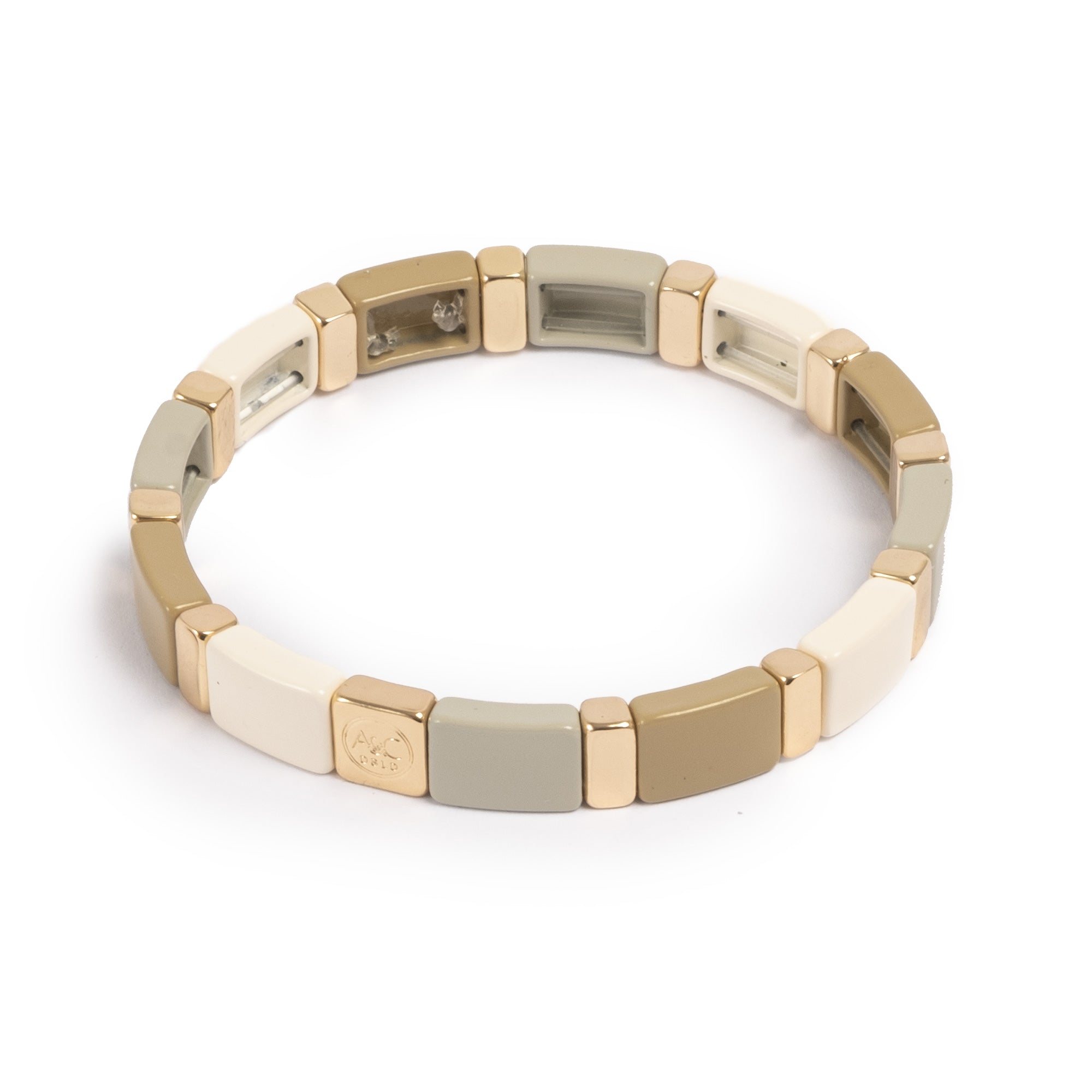 A&C Oslo enamel tiles bracelet in slated linen colour and gold plated beads at Cerise NZ.