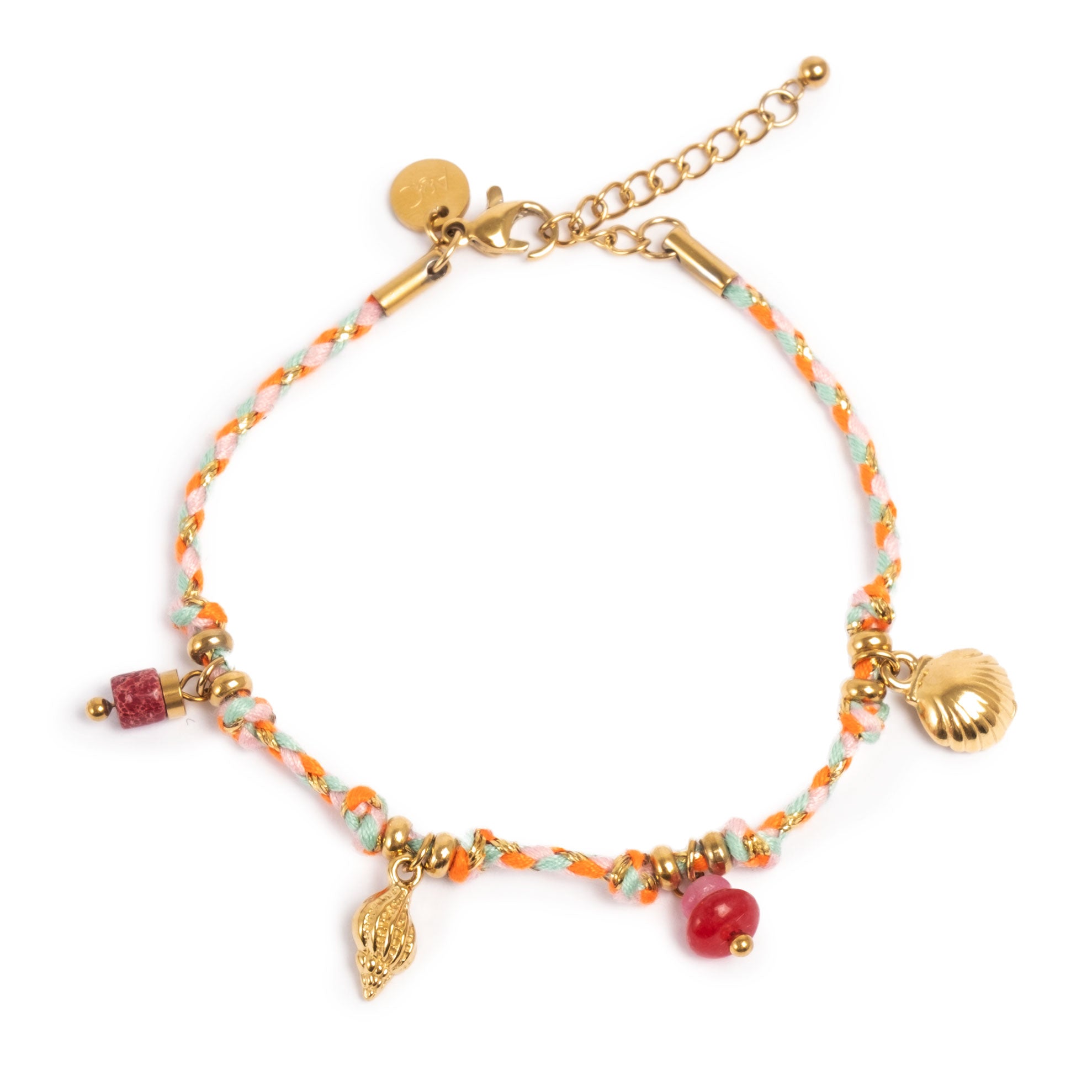 A&C Oslo colourful corded bracelet with gold charms and delicate coloured beads at Cerise NZ.