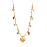 A&C Oslo corded necklace featuring a delicate gold heart pendant and 14K gold plated icons with colorful beads hanging from a colourful corded chain at Cerise NZ